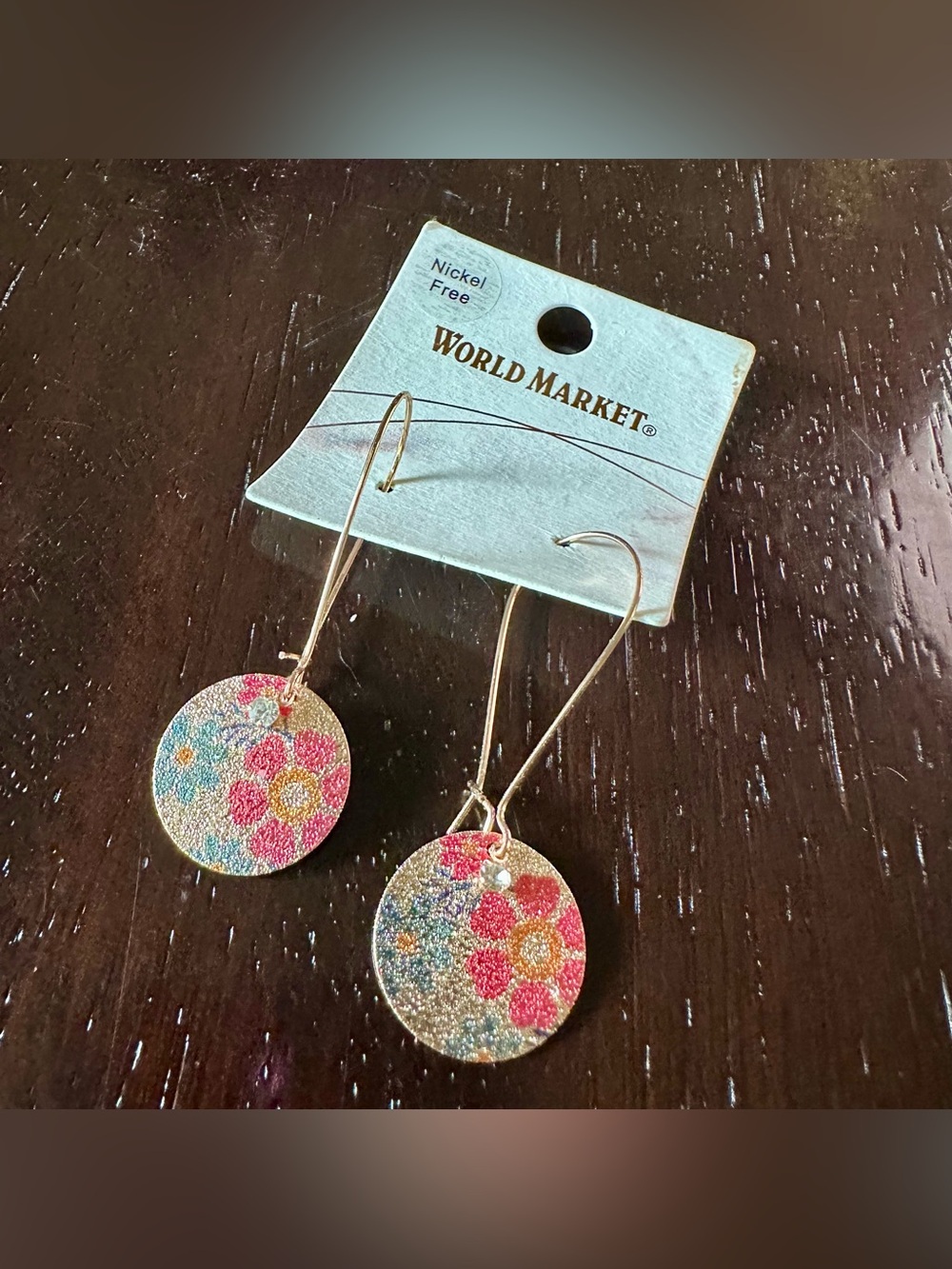World Market Floral Disc Dangle Earrings Gold Tone NWT Nickel Free